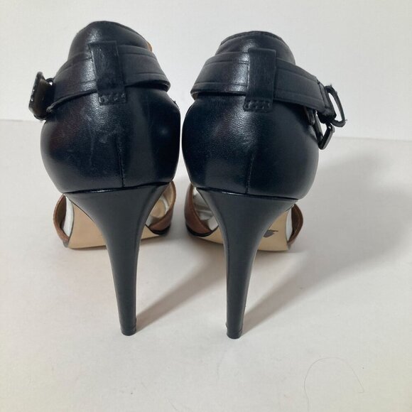 Womens Neiman Marcus Natal NM Leather Peep Toe Strap Back 3 Toned 4" Heels Brown - Picture 5 of 10